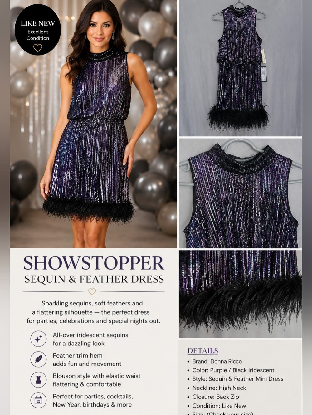 Sequins and Feather Party  Mini Dress, Size 6
